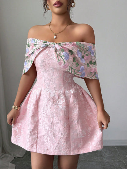 Pink Off-Shoulder Floral A-Line Mini Dress