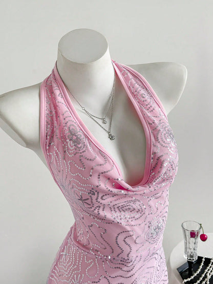 Pink Graphic Halter Tunic Mini Dress