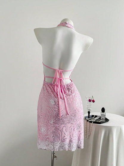 Pink Graphic Halter Tunic Mini Dress