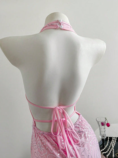 Pink Graphic Halter Tunic Mini Dress