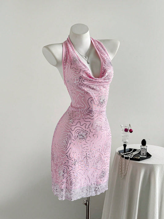 Pink Graphic Halter Tunic Mini Dress