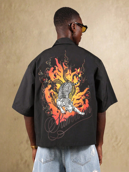 Oversized Dragon Tiger Flame Graphic Shirt