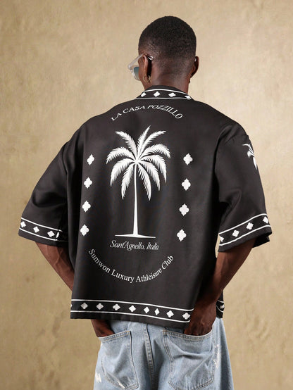 Italian Luxury Palm Print Short Sleeve Resort Shirt