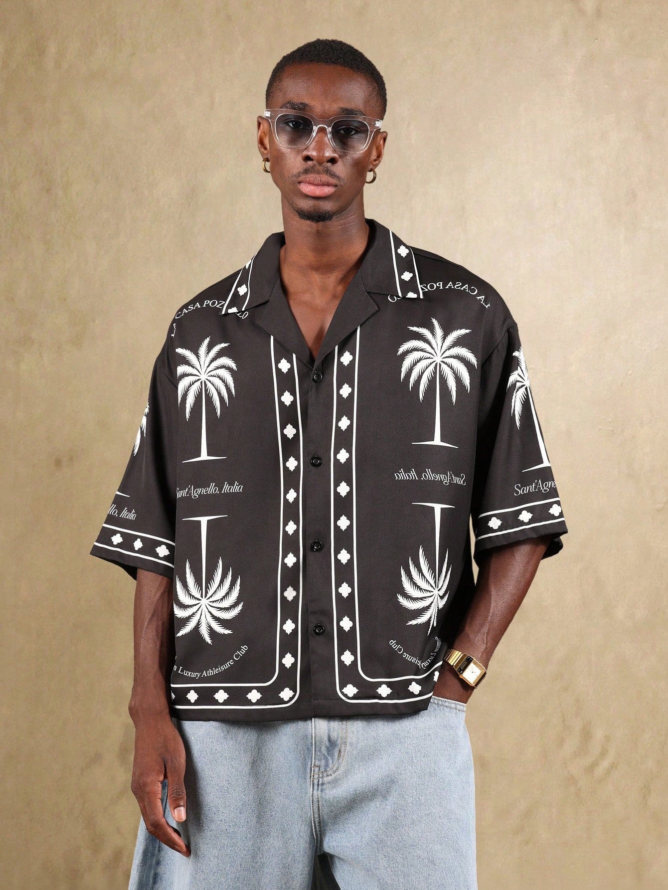 Italian Luxury Palm Print Short Sleeve Resort Shirt
