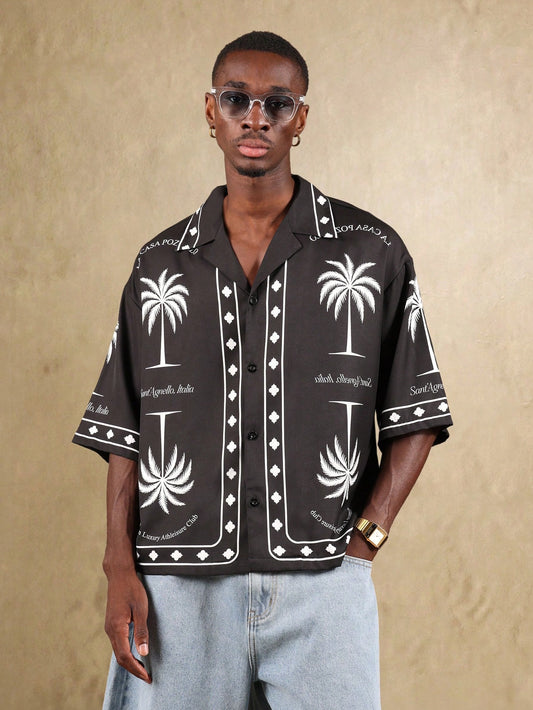 Italian Luxury Palm Print Short Sleeve Resort Shirt