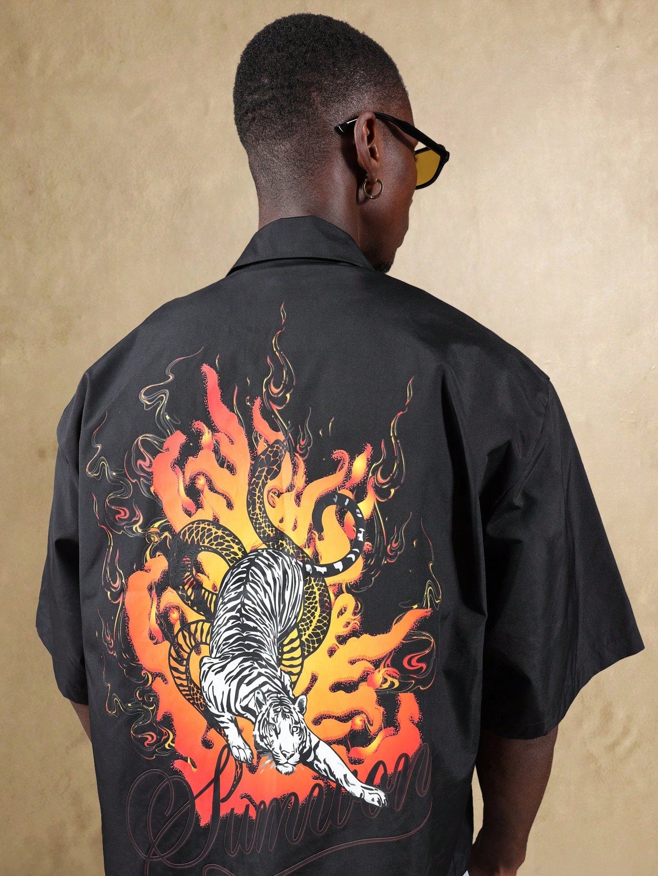 Oversized Dragon Tiger Flame Graphic Shirt