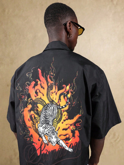 Oversized Dragon Tiger Flame Graphic Shirt