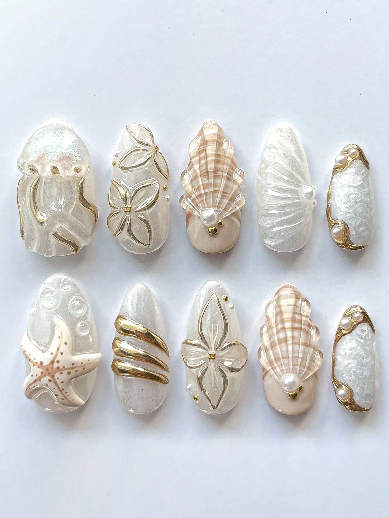 Handmade Almond Gradient Floral Gold Foil Press-On Nails