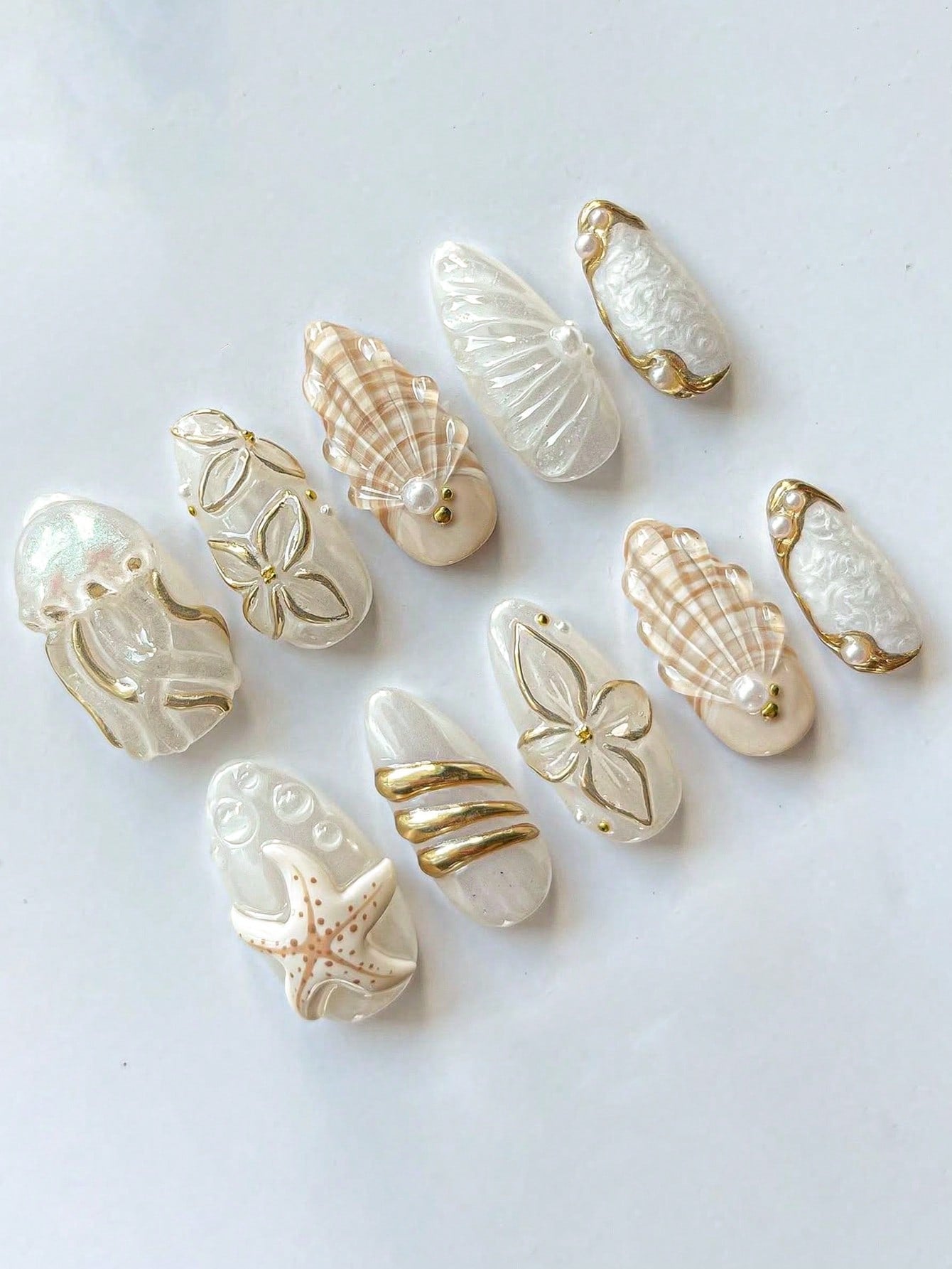 Handmade Almond Gradient Floral Gold Foil Press-On Nails