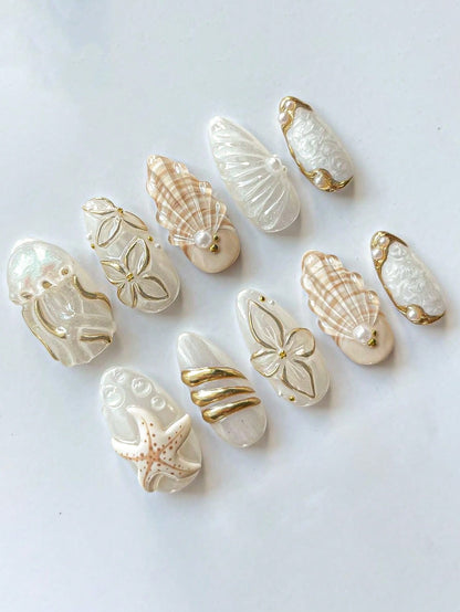 Handmade Almond Gradient Floral Gold Foil Press-On Nails