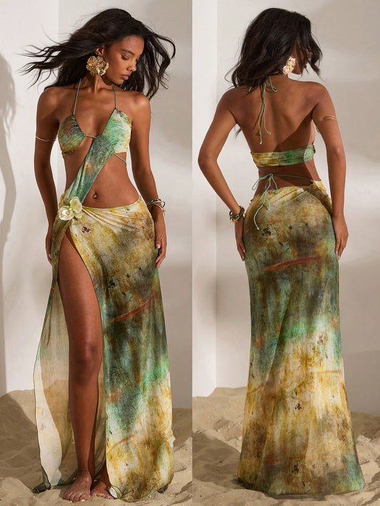 Women's Sexy Green Halter Tie-Dye Maxi Dress