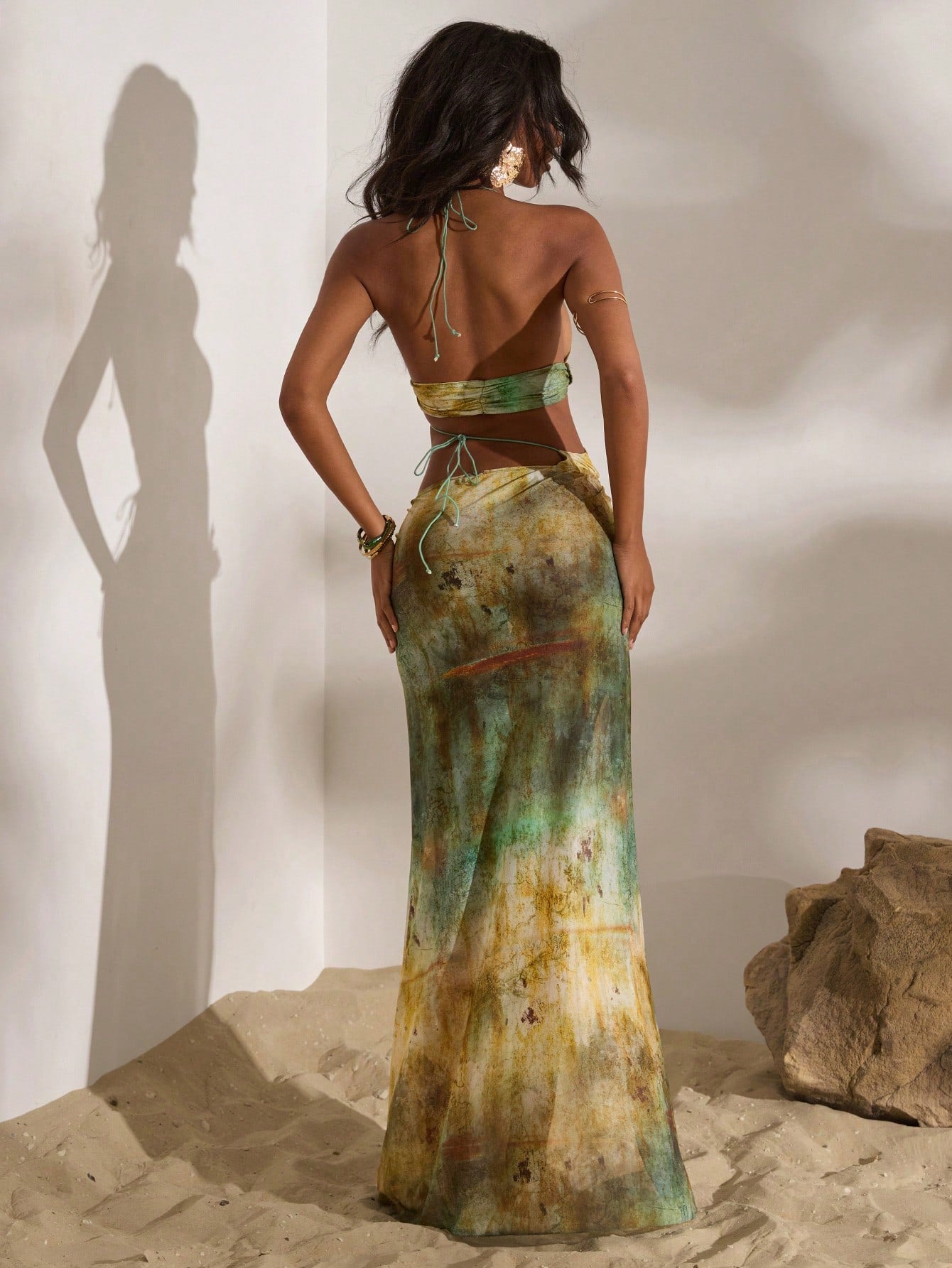 Women's Sexy Green Halter Tie-Dye Maxi Dress