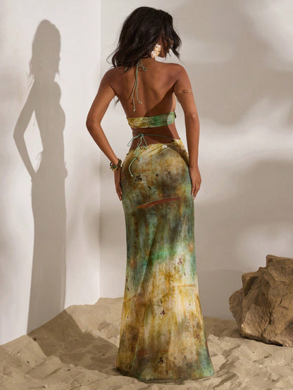 Women's Sexy Green Halter Tie-Dye Maxi Dress