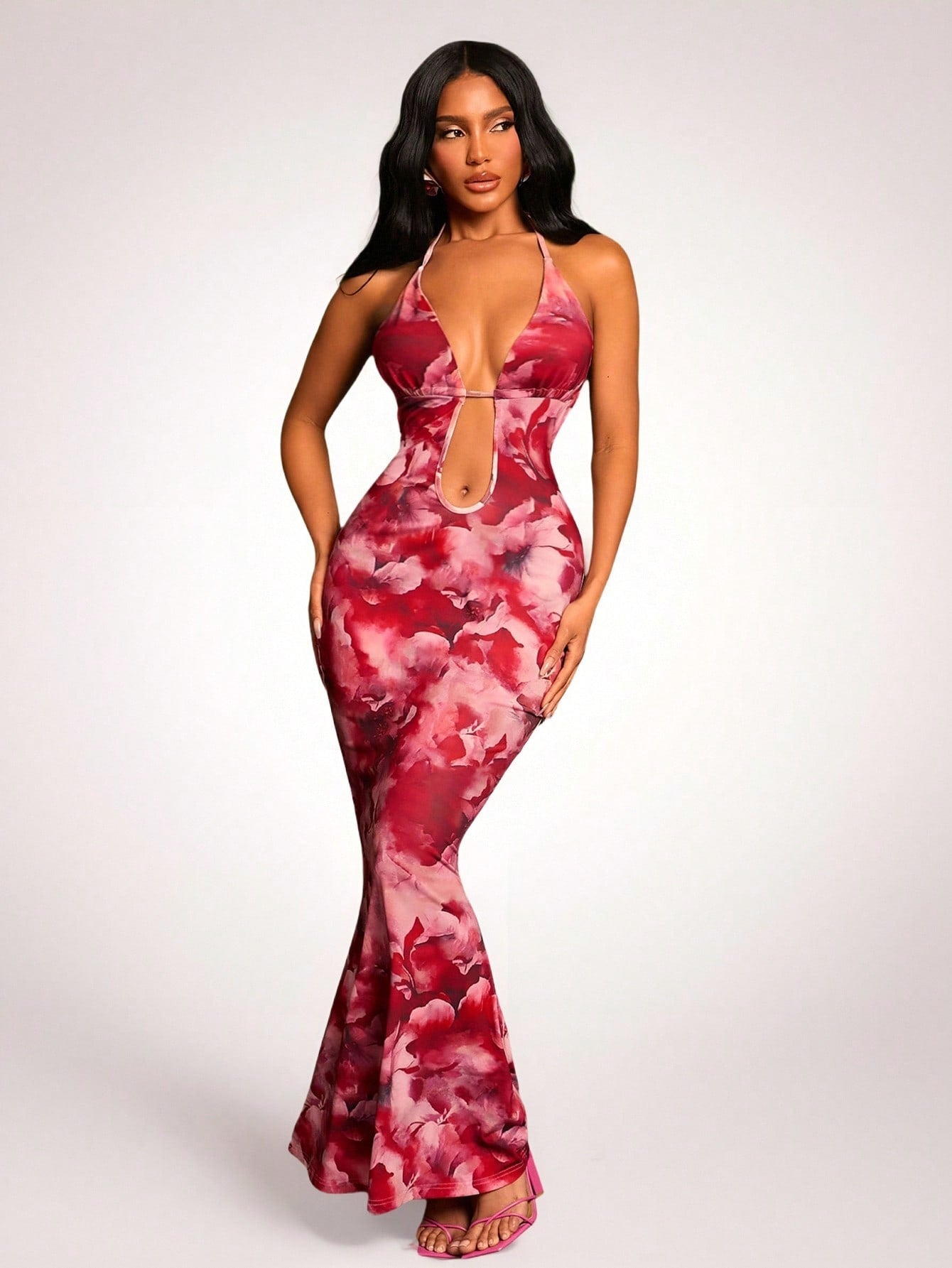 Brown Marble Print Halter Cami Maxi Dress