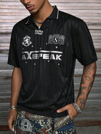 Black Halloween Letter Print Jersey Polo Shirt