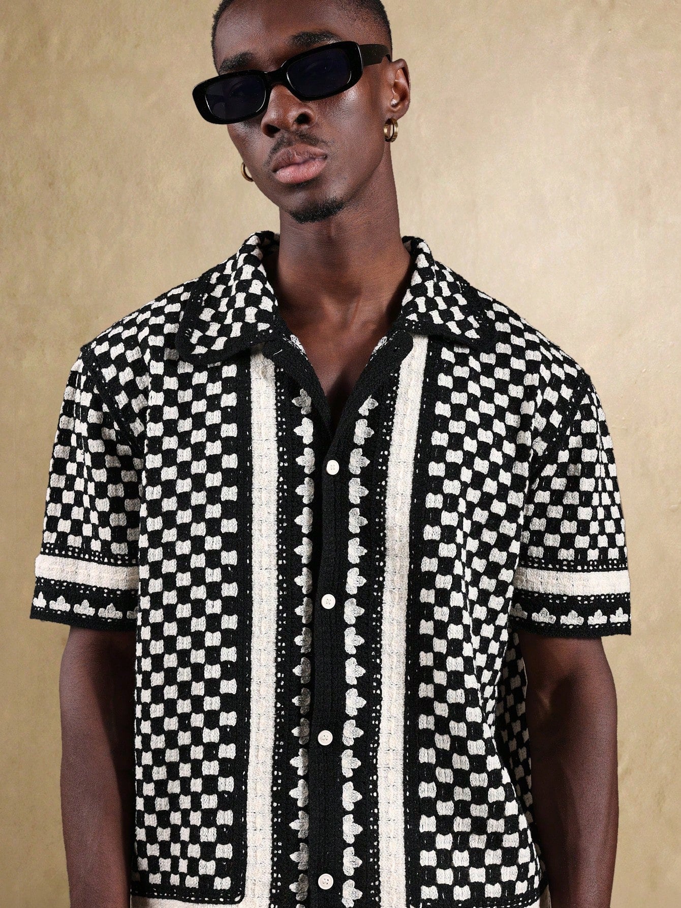 Men’s Bohemian Crochet Knit Short Sleeve Resort Shirt