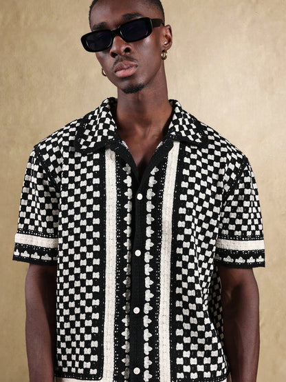 Men’s Bohemian Crochet Knit Short Sleeve Resort Shirt