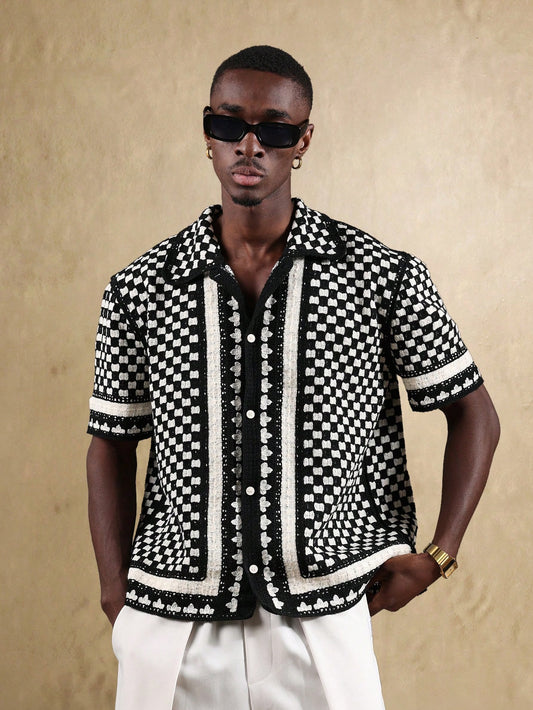 Men’s Bohemian Crochet Knit Short Sleeve Resort Shirt