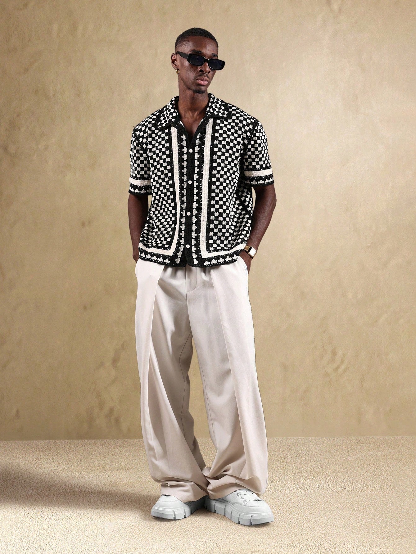 Men’s Bohemian Crochet Knit Short Sleeve Resort Shirt