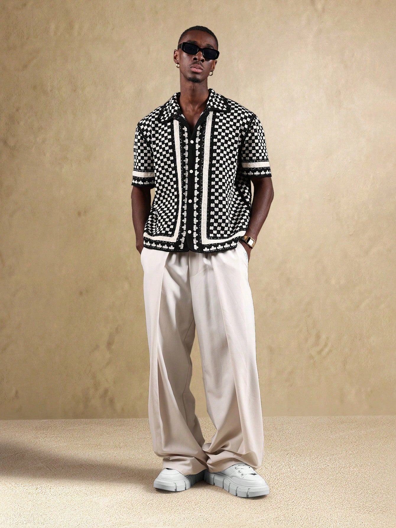 Men’s Bohemian Crochet Knit Short Sleeve Resort Shirt