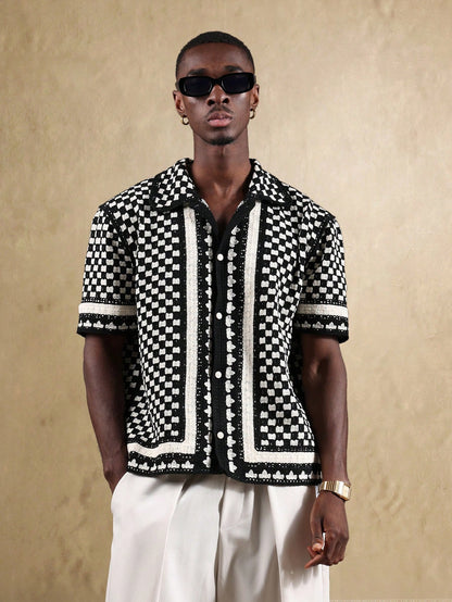 Men’s Bohemian Crochet Knit Short Sleeve Resort Shirt