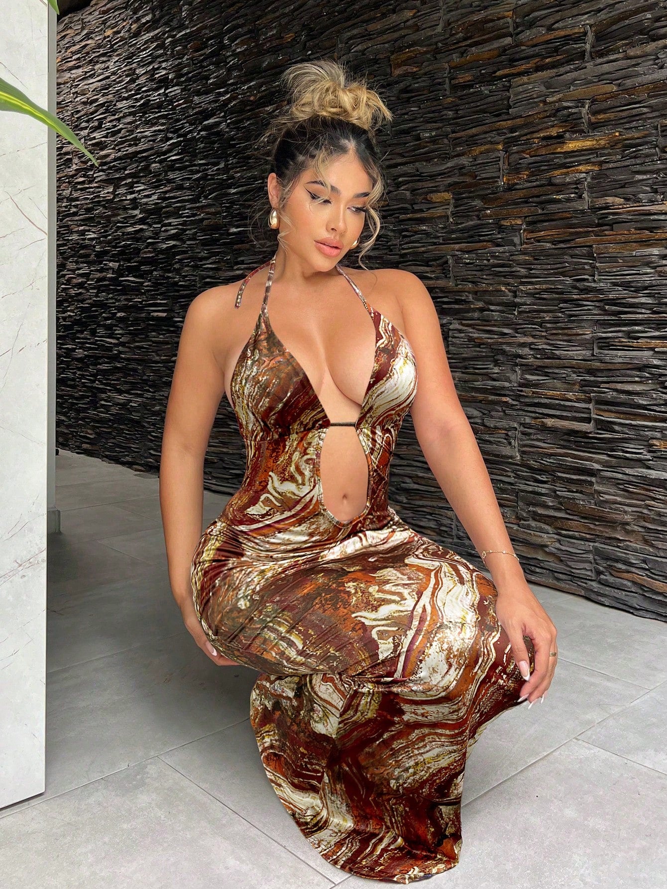 Brown Marble Print Halter Cami Maxi Dress