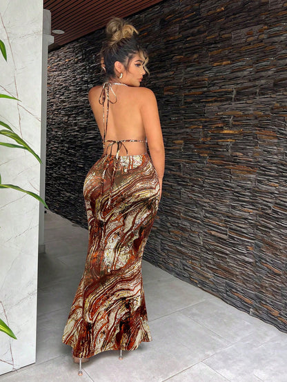 Brown Marble Print Halter Cami Maxi Dress