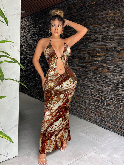 Brown Marble Print Halter Cami Maxi Dress