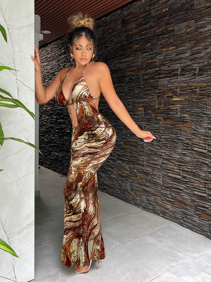 Brown Marble Print Halter Cami Maxi Dress