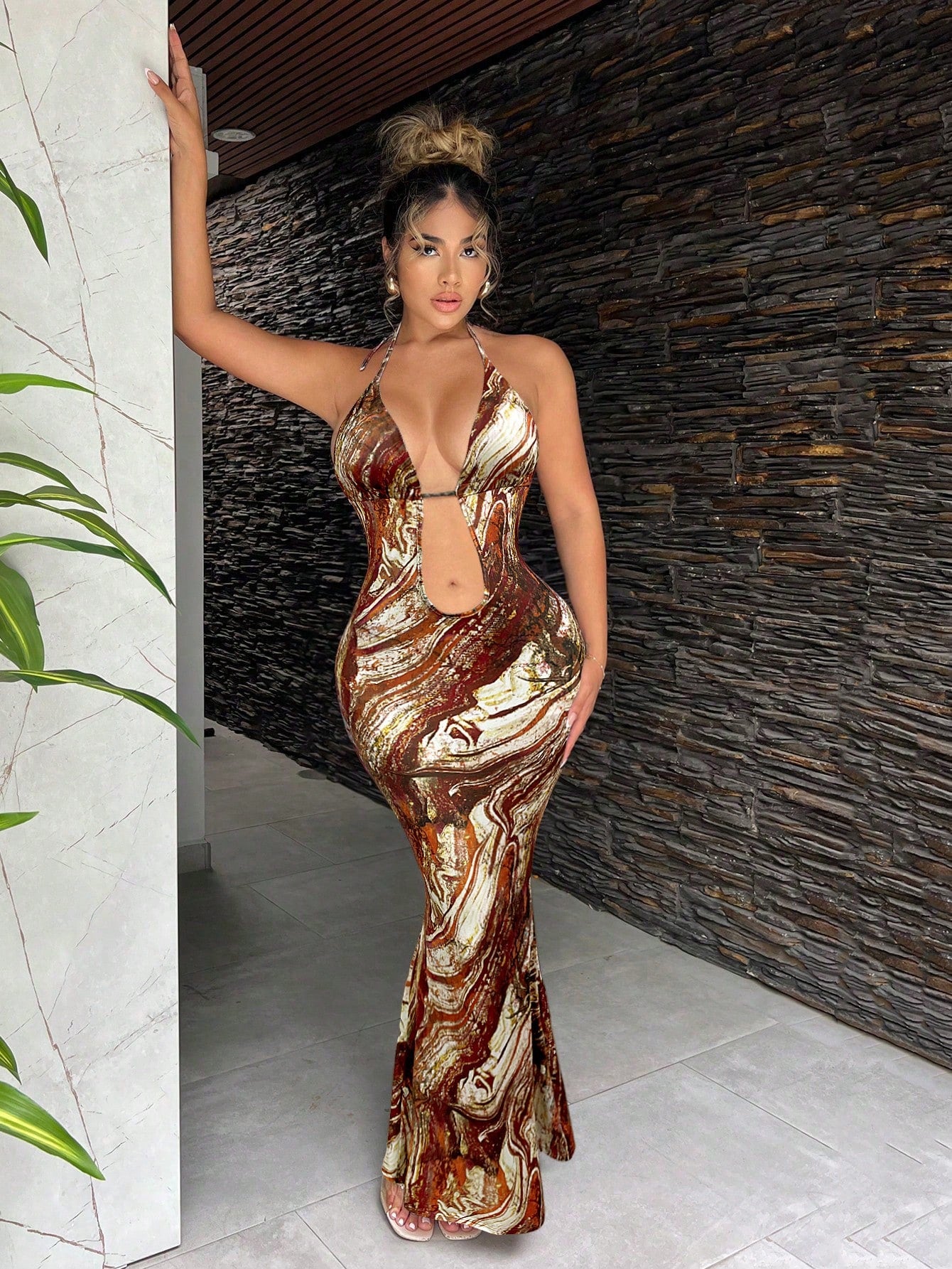 Brown Marble Print Halter Cami Maxi Dress