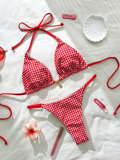 Random Print Halter Metal Decor Bikini Set