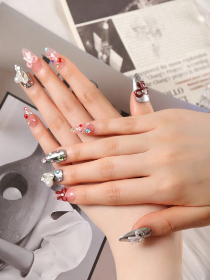 10pcs Bow Tie & Stars Silvery Pink Press On Nails