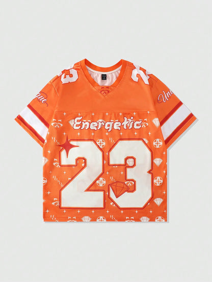 Orange V-Neck Graphic Letter Sports Jersey