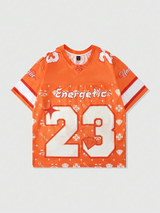 Orange V-Neck Graphic Letter Sports Jersey