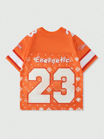 Orange V-Neck Graphic Letter Sports Jersey