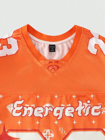 Orange V-Neck Graphic Letter Sports Jersey