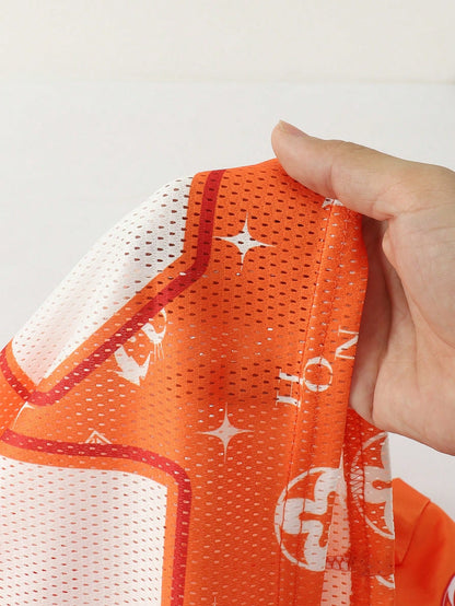 Orange V-Neck Graphic Letter Sports Jersey