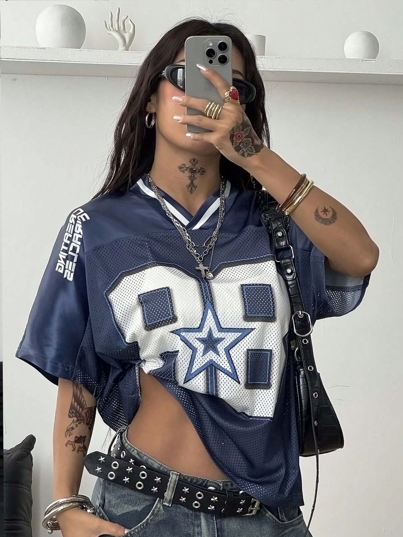 Women's Vintage Blue Oversized V-Neck Jersey