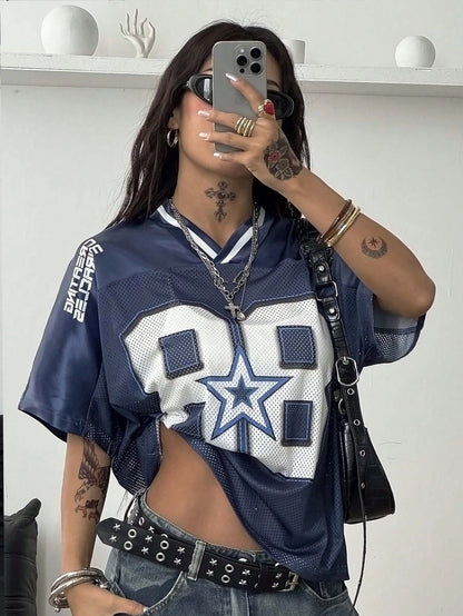 Women's Vintage Blue Oversized V-Neck Jersey
