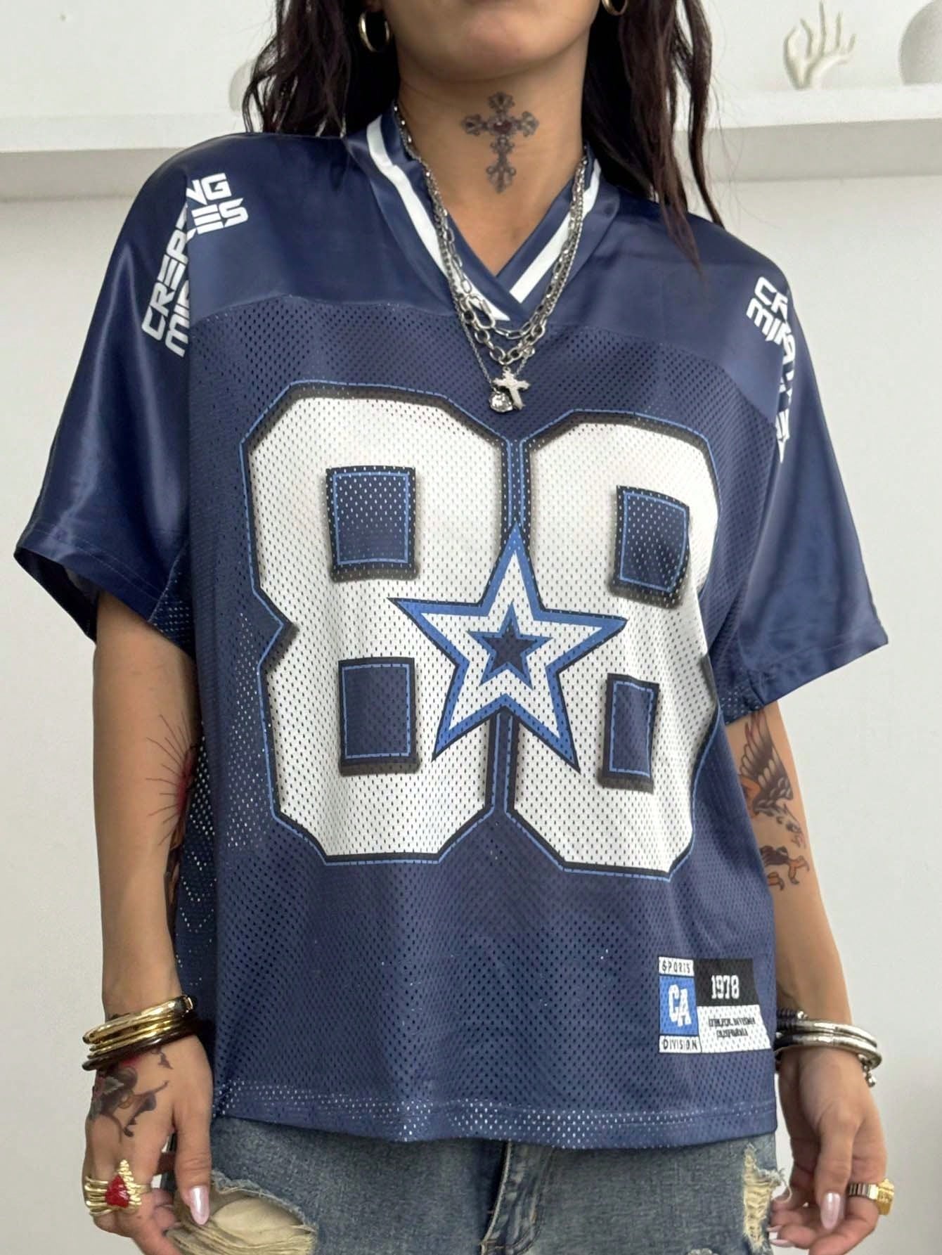 Women's Vintage Blue Oversized V-Neck Jersey