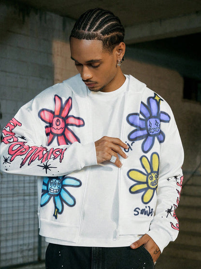 Men Floral Zip Up Hoodie