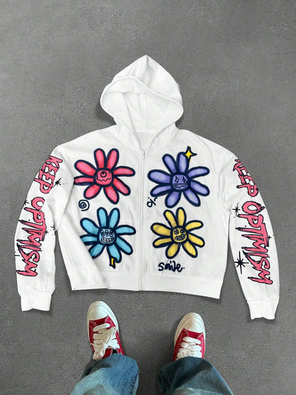 Men Floral Zip Up Hoodie