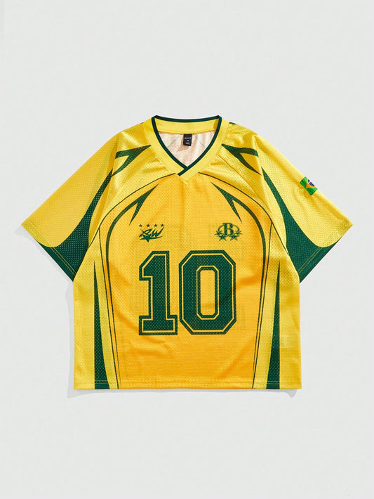 Preppy Yellow V-Neck Raglan Digital Number Print Jersey