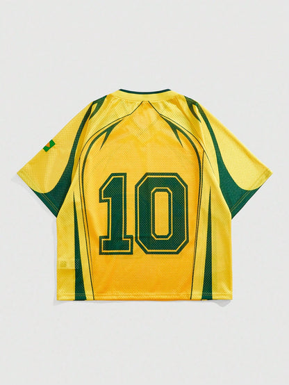 Preppy Yellow V-Neck Raglan Digital Number Print Jersey