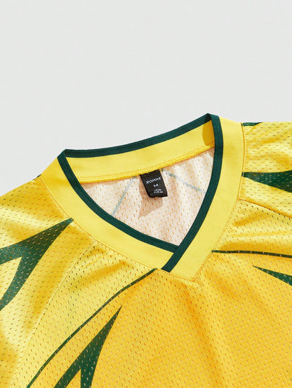 Preppy Yellow V-Neck Raglan Digital Number Print Jersey