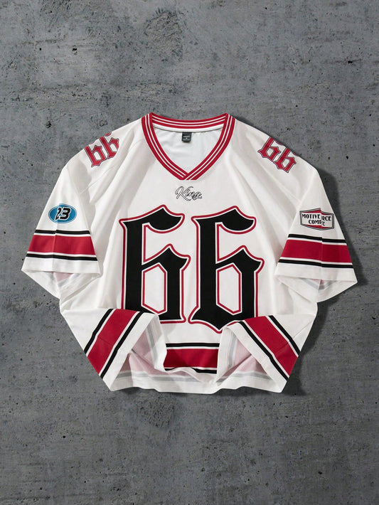 Men's White Loose Fit V-Neck Short Sleeve Jersey Sports