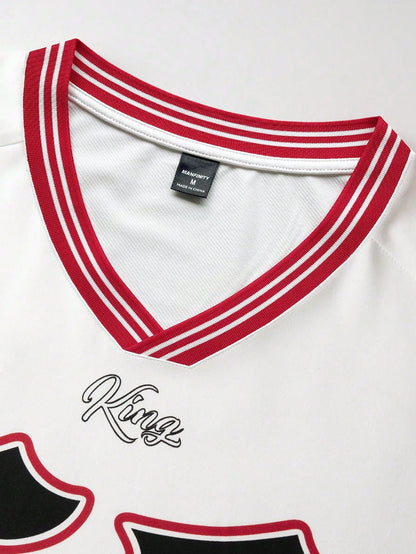 Men's White Loose Fit V-Neck Short Sleeve Jersey Sports