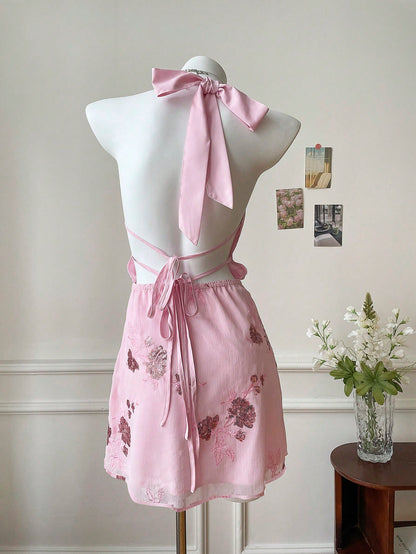 Pink Floral Sequin Halter Neck Mini Dress