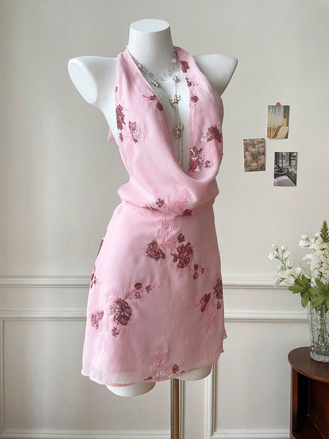 Pink Floral Sequin Halter Neck Mini Dress