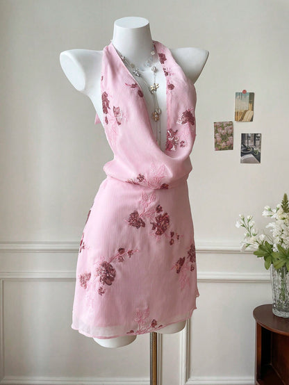 Pink Floral Sequin Halter Neck Mini Dress